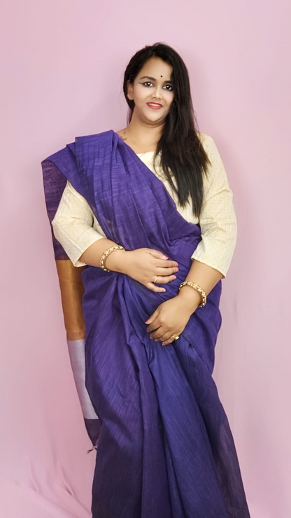 Silk Linen Plain Saree Blue Colour with contrast border and attached Running Blouse Violet Purple colour saree (Any Colour Customizable)-Indiehaat