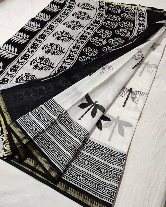 Vivid Blockprint Chanderi Silk Saree Black & White