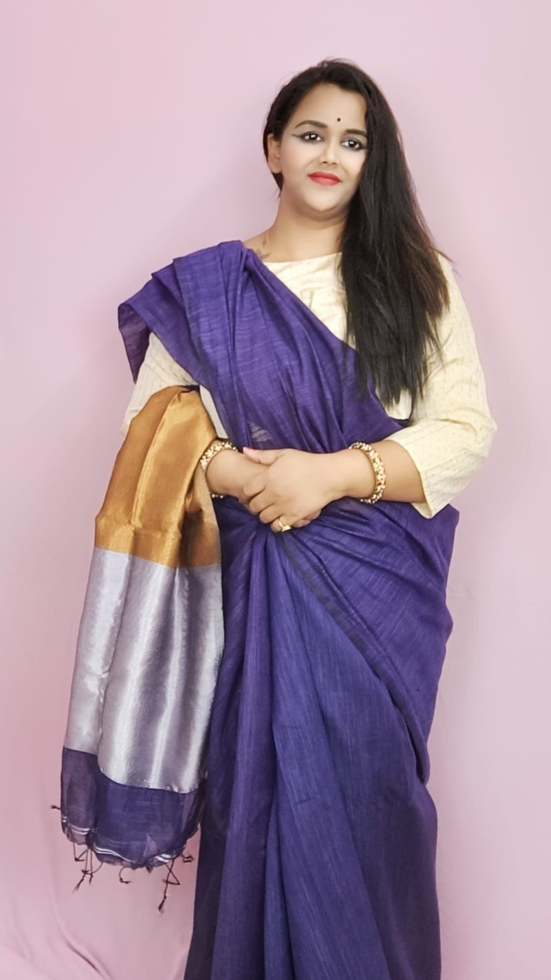 8956-Silk Linen Plain Saree Blue Colour with contrast border and attached  Running Blouse Violet Purple colour saree (Any Colour Customizable)