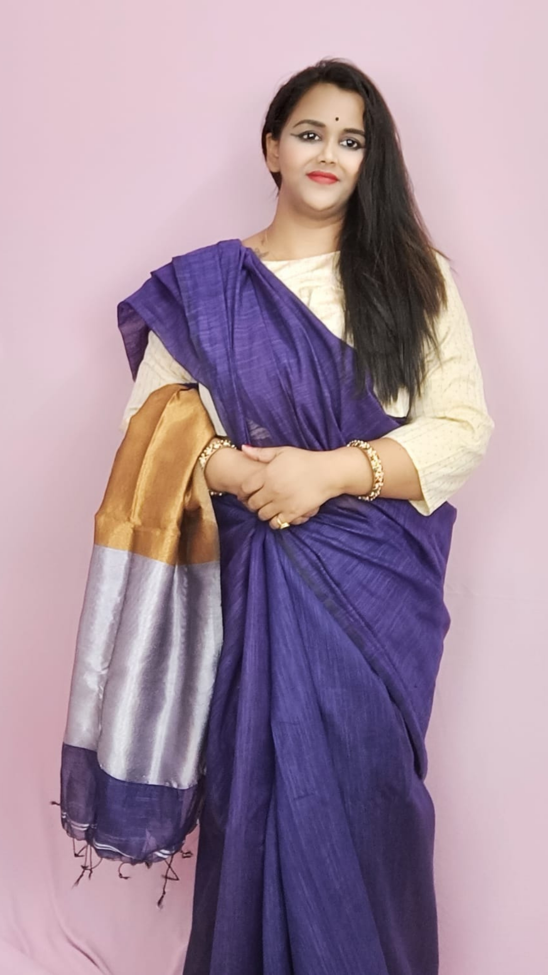Silk Linen Plain Saree Blue Colour with contrast border and attached Running Blouse Violet Purple colour saree (Any Colour Customizable)-Indiehaat
