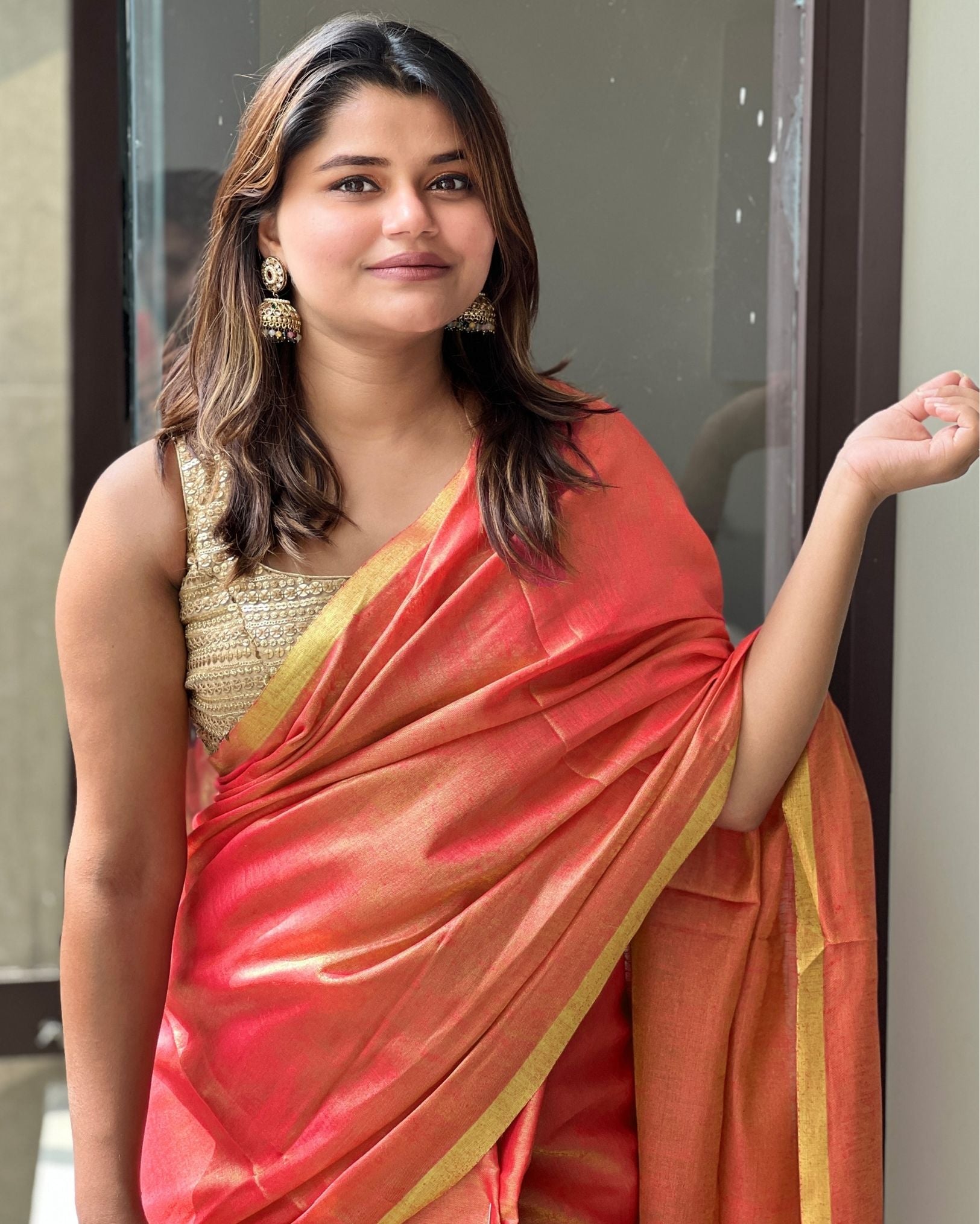 Hand Dyed Pure Tissue Linen Red Saree With Running Blouse Hand Dyed-Indiehaat