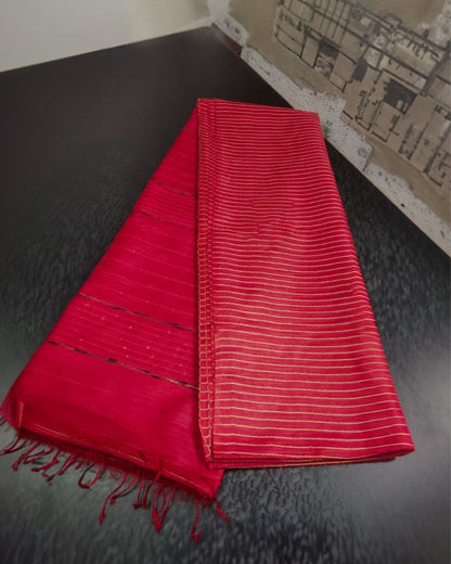 Striped Katan Silk Carmine Red Saree Handcrafted