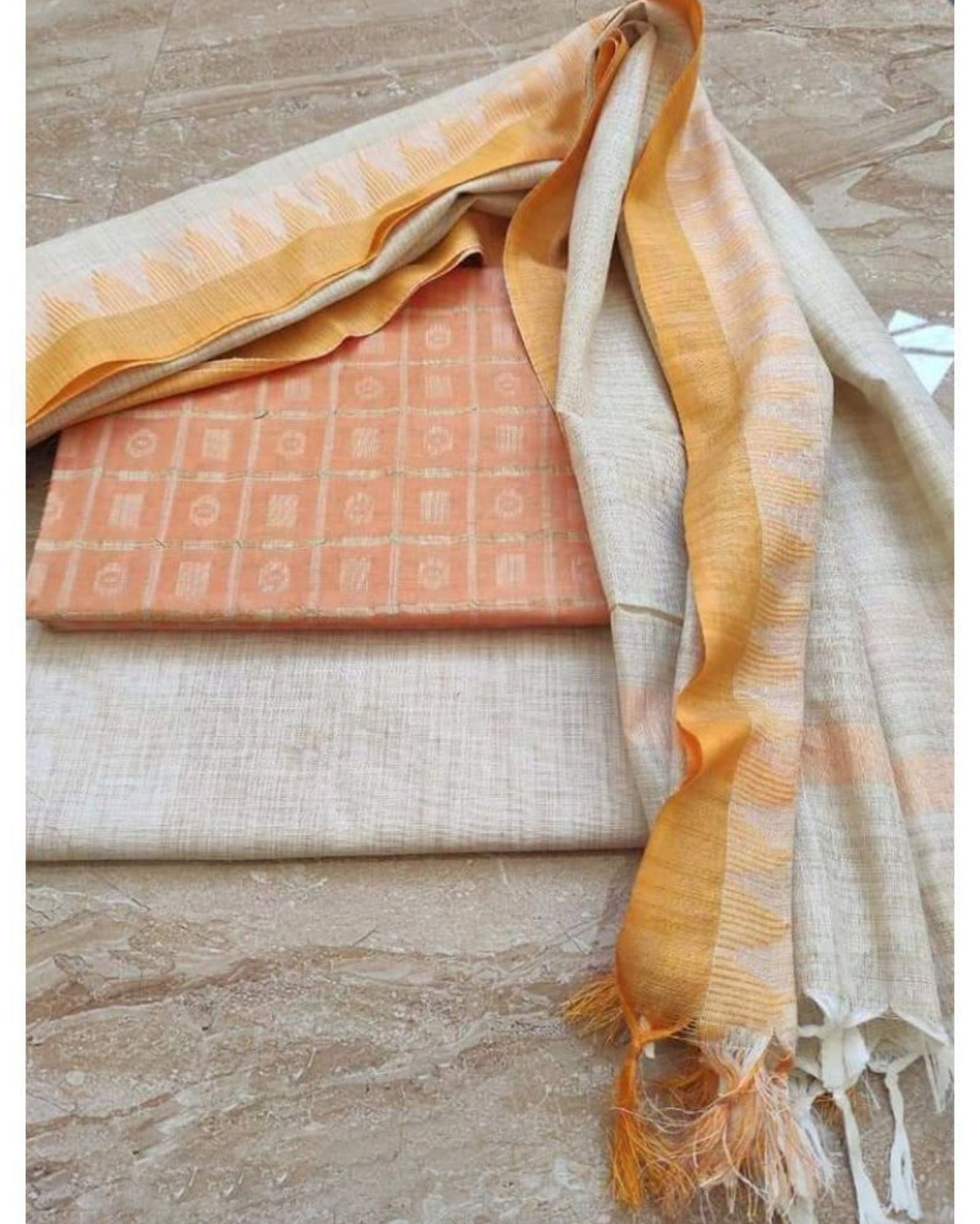 6959-Handcrafted Khadi Cotton Weaving Design Rust Orange Suit Piece with Bottom and Dupatta