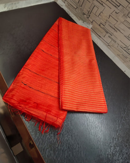 5049-Katan Silk Red Saree Striped Design with Running Blouse Handcrafted