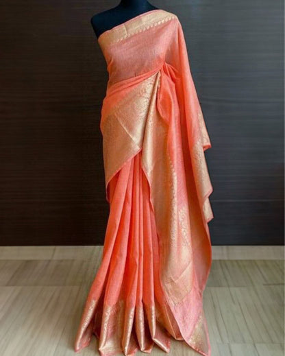 Hypnotic Banarasi Silk Linen Handloom Orange Saree