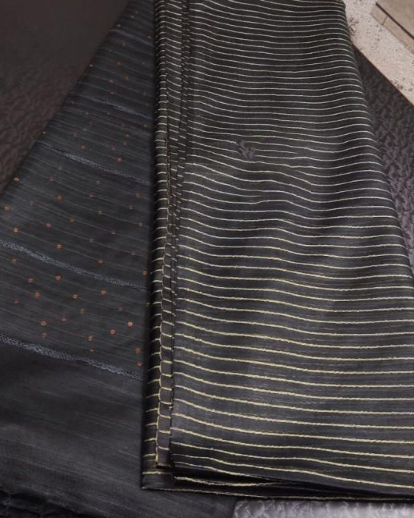 3330-Katan Silk Saree Striped Payne's Grey Design with Running Blouse Handcrafted
