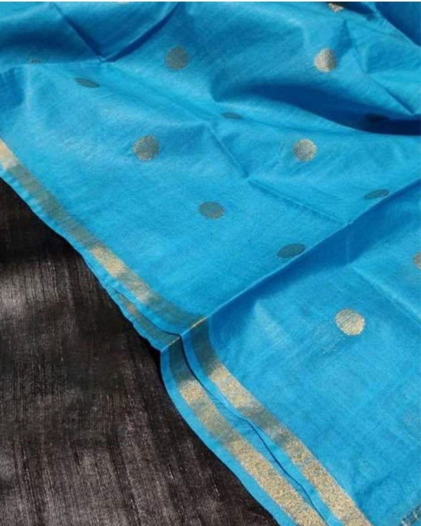 5146-Handloom Pure Katan Silk Blue Dupatta Set with Black Tussar Silk Top (Silkmark Certified)