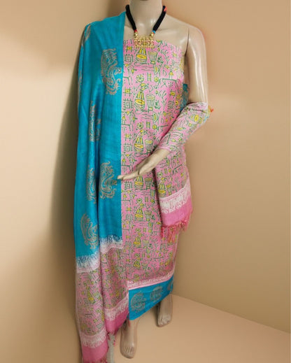 7494-Katan Silk Printed Suit Piece Pink Color with Bottom and Bondi Blue Dupatta Handcrafted