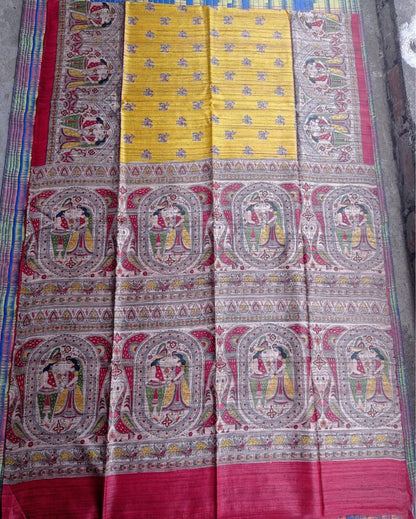 1922-Silkmark Certified Tussar Silk Handloom Handblock Printed Yellow Saree with Blouse