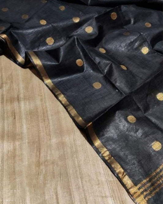 Silkmark Tussar Beige Top Katan Silk Black Dupatta