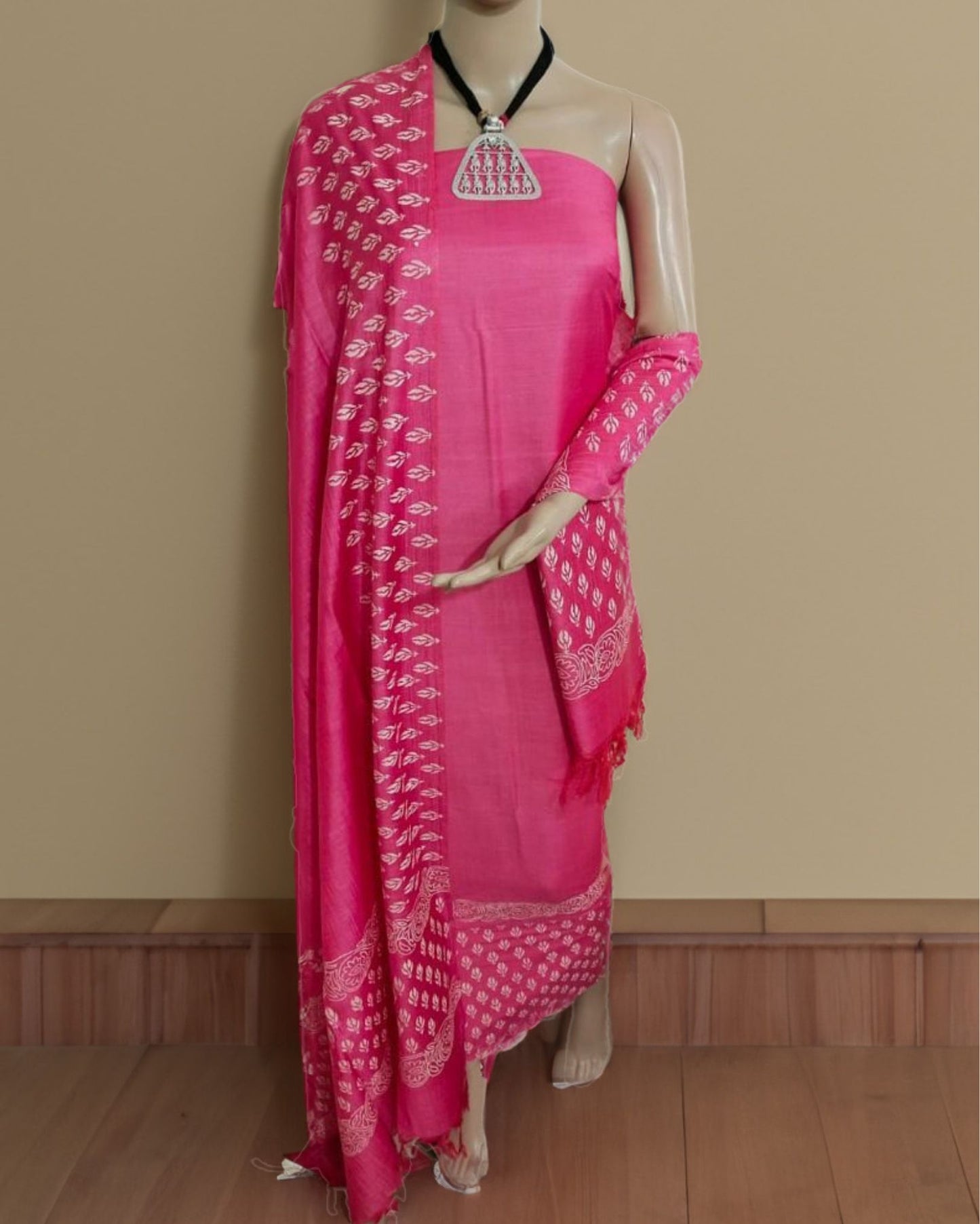1906-Katan Silk Handblock Printed Suit Piece Pink Color with Bottom and Dupatta Handcrafted