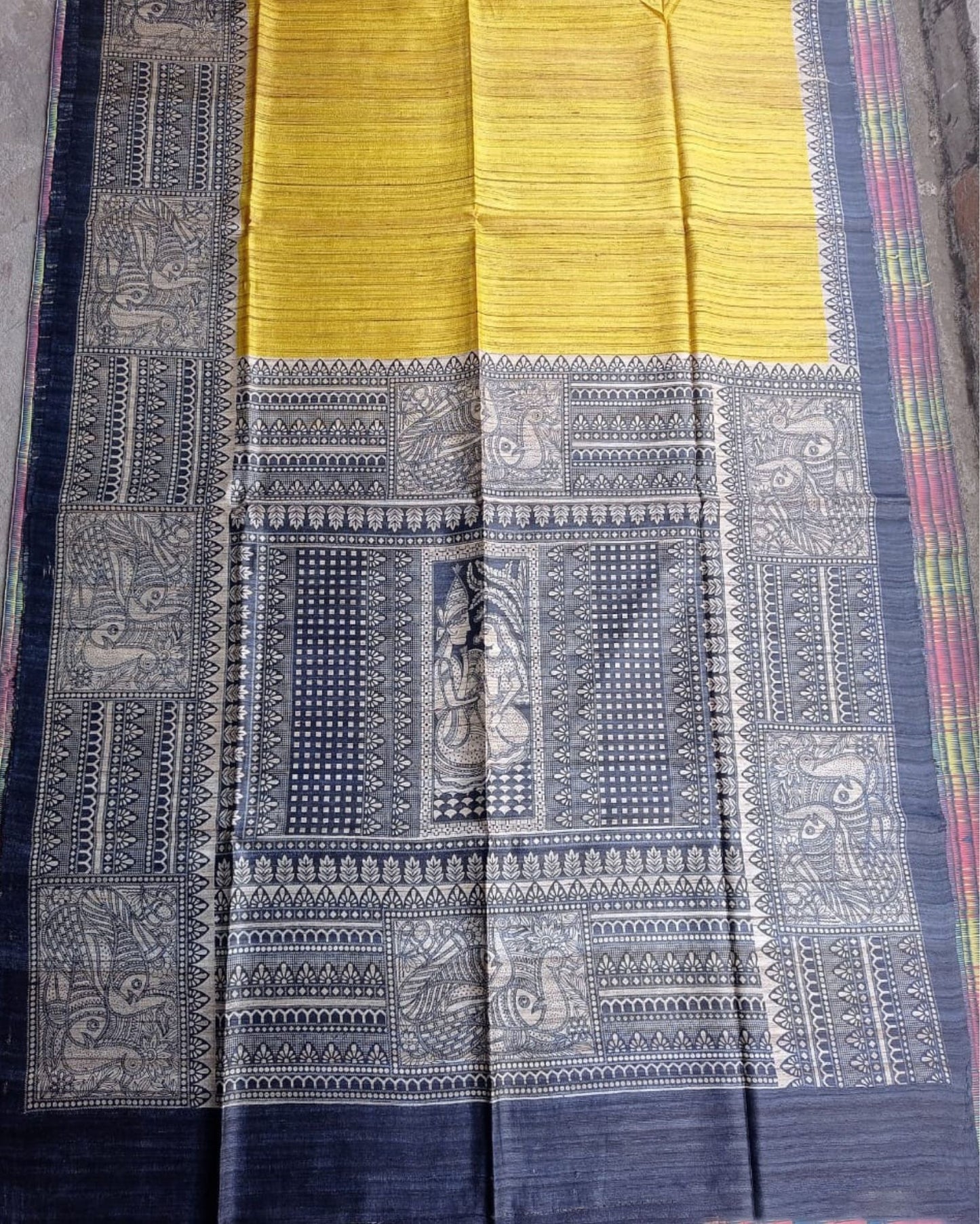 7225-Silkmark Certified Tussar Silk Handloom Handblock Printed Yellow Saree with Blouse