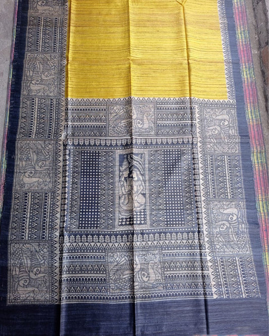 Silkmark Tussar Lustrous Madhubani Yellow & Blue Saree