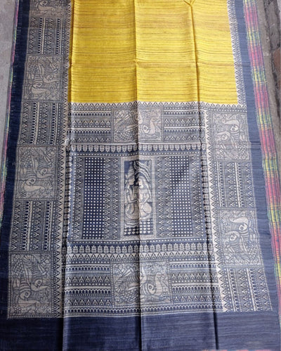 Silkmark Tussar Lustrous Madhubani Yellow & Black Saree