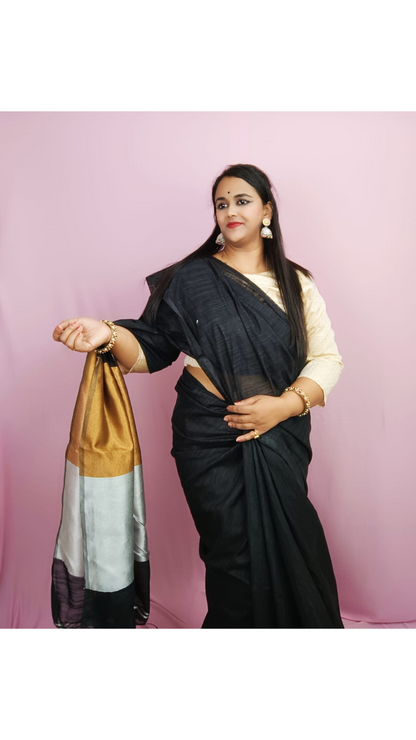 Silk Linen Black colour Plain Saree with contrast border and attached Blouse (Any Colour Customizable)-Indiehaat
