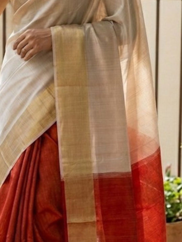 Handloom Kota Silk Beige & Rust Red Saree