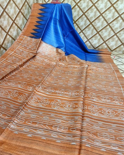 8977-Silkmark Certified Tussar Silk Handloom Handblock Printed Blue Saree with Blouse