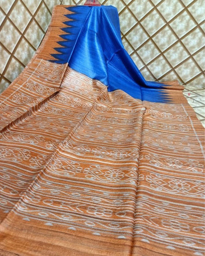 Silkmark Tussar Poised Madhubani Blue & Brown Saree