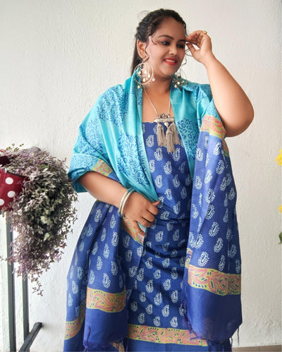 Katan Silk Decorous Blockprint Blue & Green Suit