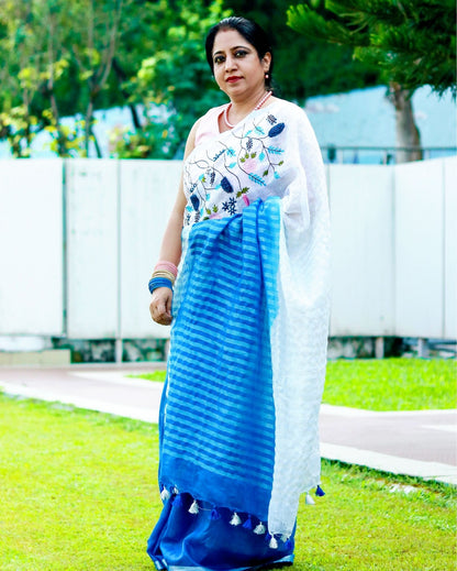 3705-Pure Linen Saree Handloom Hand Embroidered White and Blue double color with attached Running Blouse
