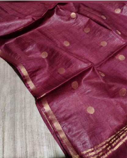 1627-Handloom Pure Katan Silk Maroon Dupatta Set with Biege Tussar Silk Top (Silkmark Certified)
