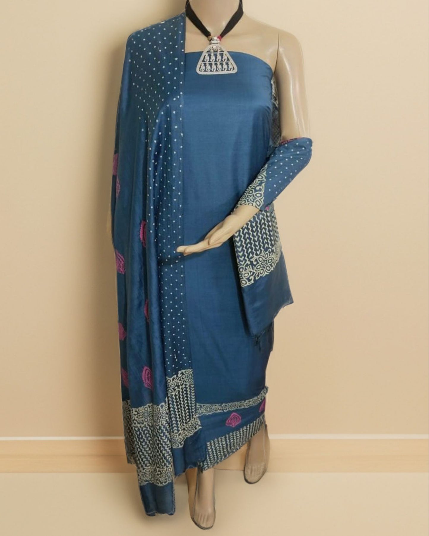 8481-Katan Silk Printed Suit Piece Blue Color with Bottom and Dupatta Handcrafted