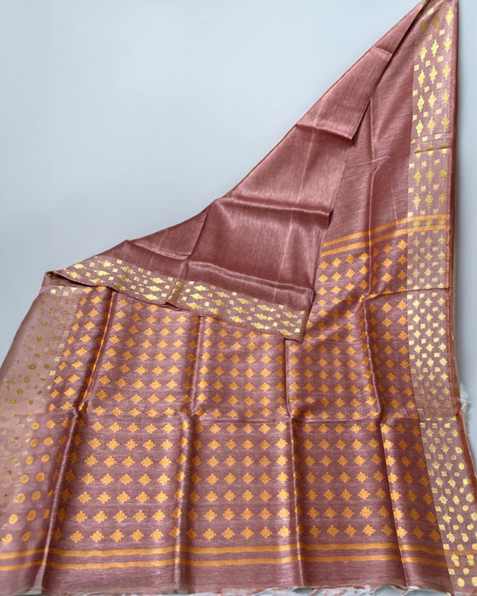 2532-Pure Silk Linen Handloom Saree Dusty Red Color with Weaving Pattern Design and running blouse