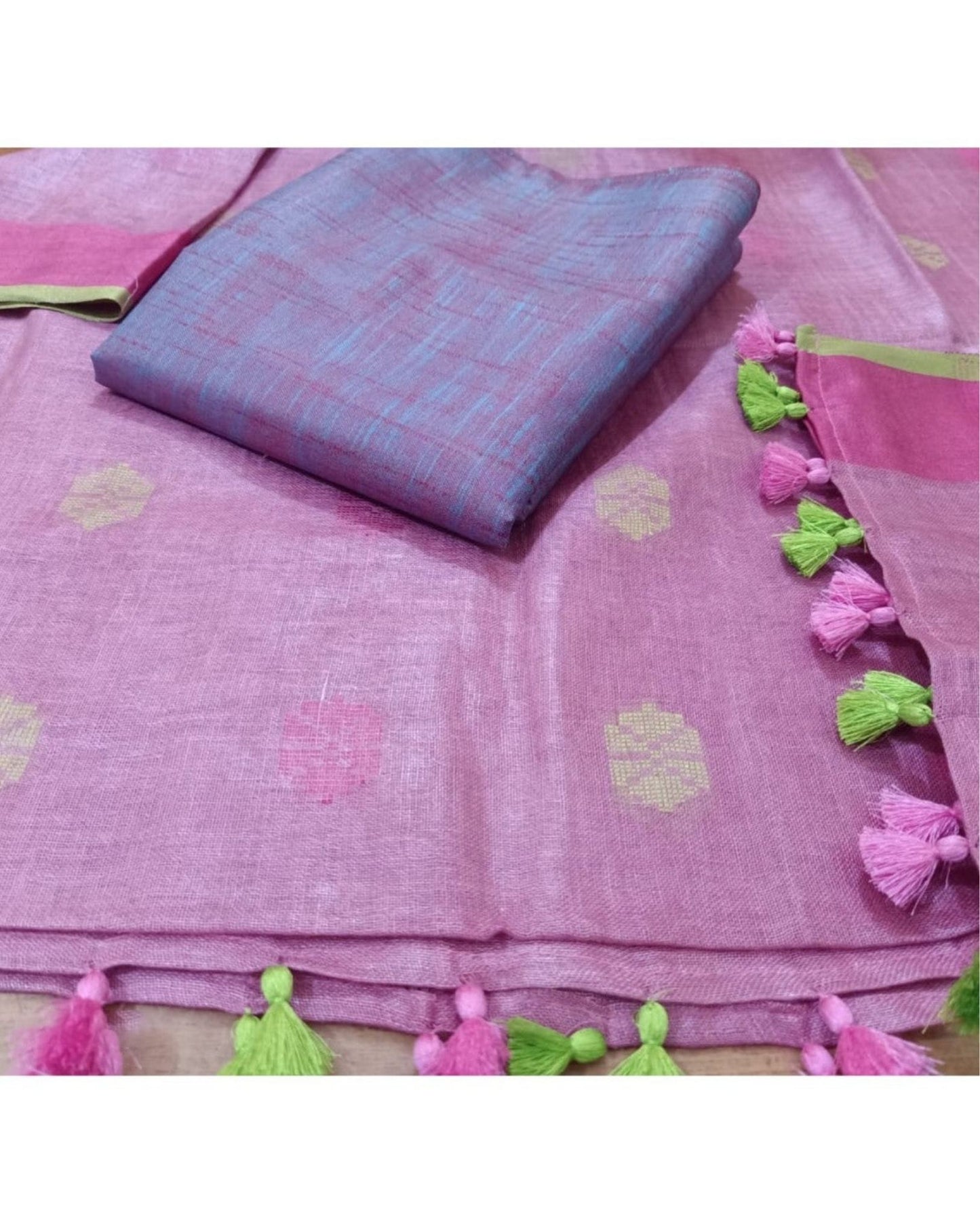 Pure Linen Radiant Pink Dupatta & Katan Silk Purple Top Set