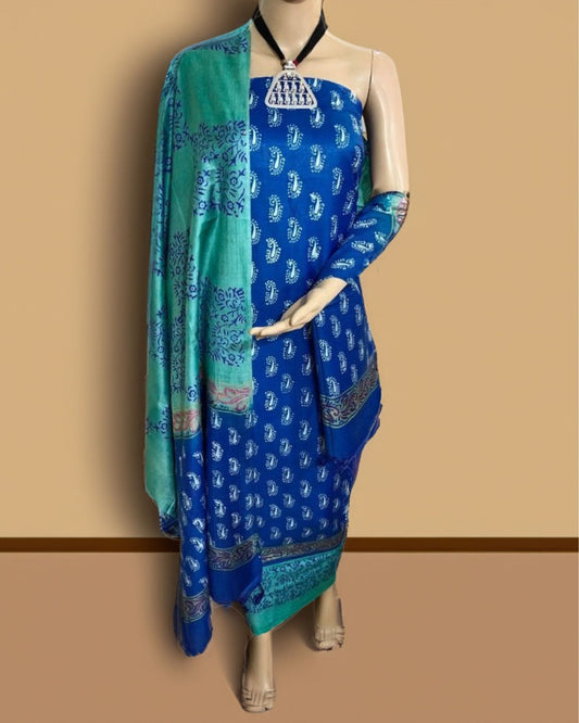 4876-Katan Silk Handblock Printed Suit Piece Blue Color with Bottom and Green Dupatta Handcrafted