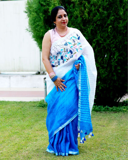 3705-Pure Linen Saree Handloom Hand Embroidered White and Blue double color with attached Running Blouse