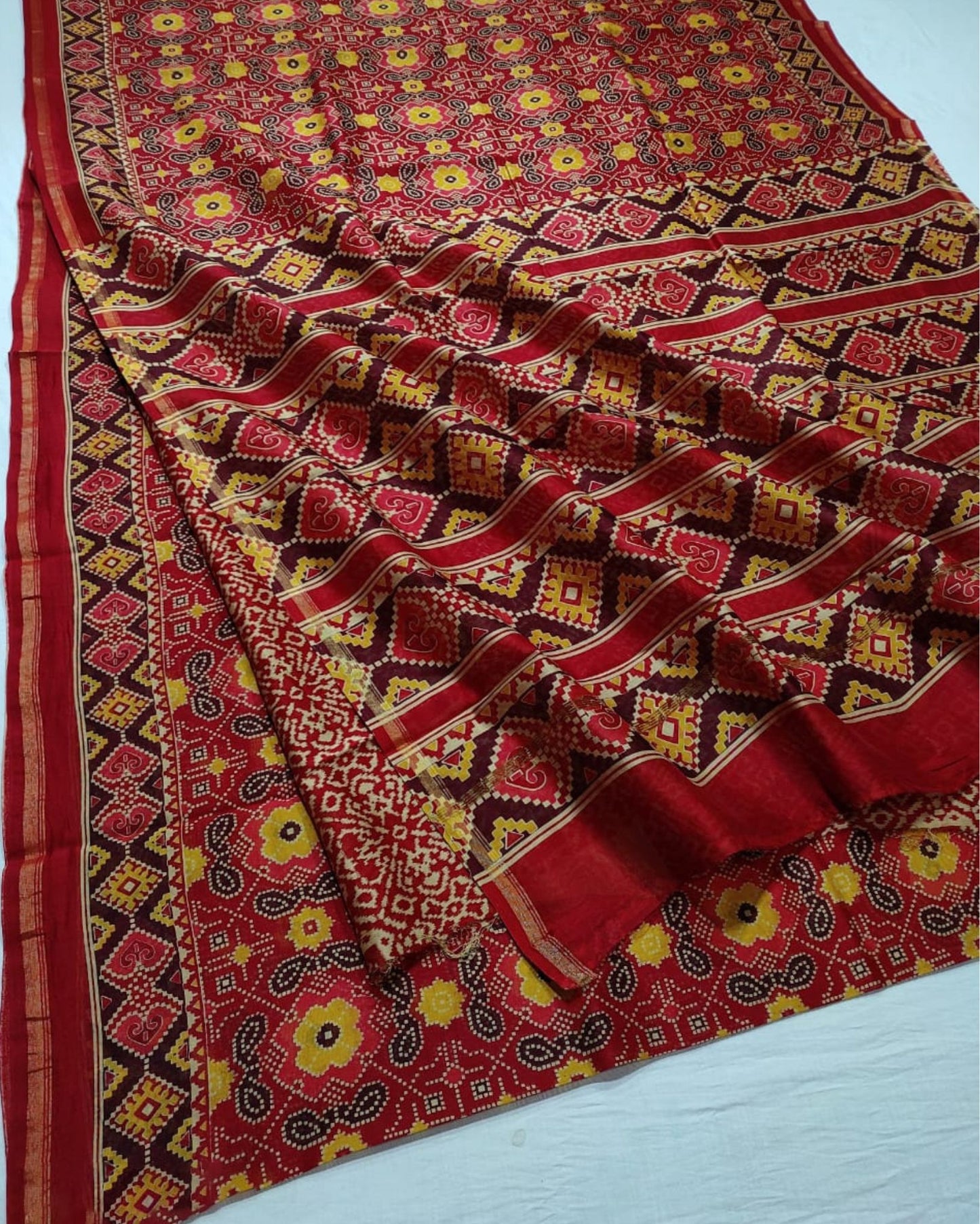1667-Chanderi Masrise/Mercerised Cotton Silk Patola Print Saree Pohutukawa Red Colour with Running Blouse