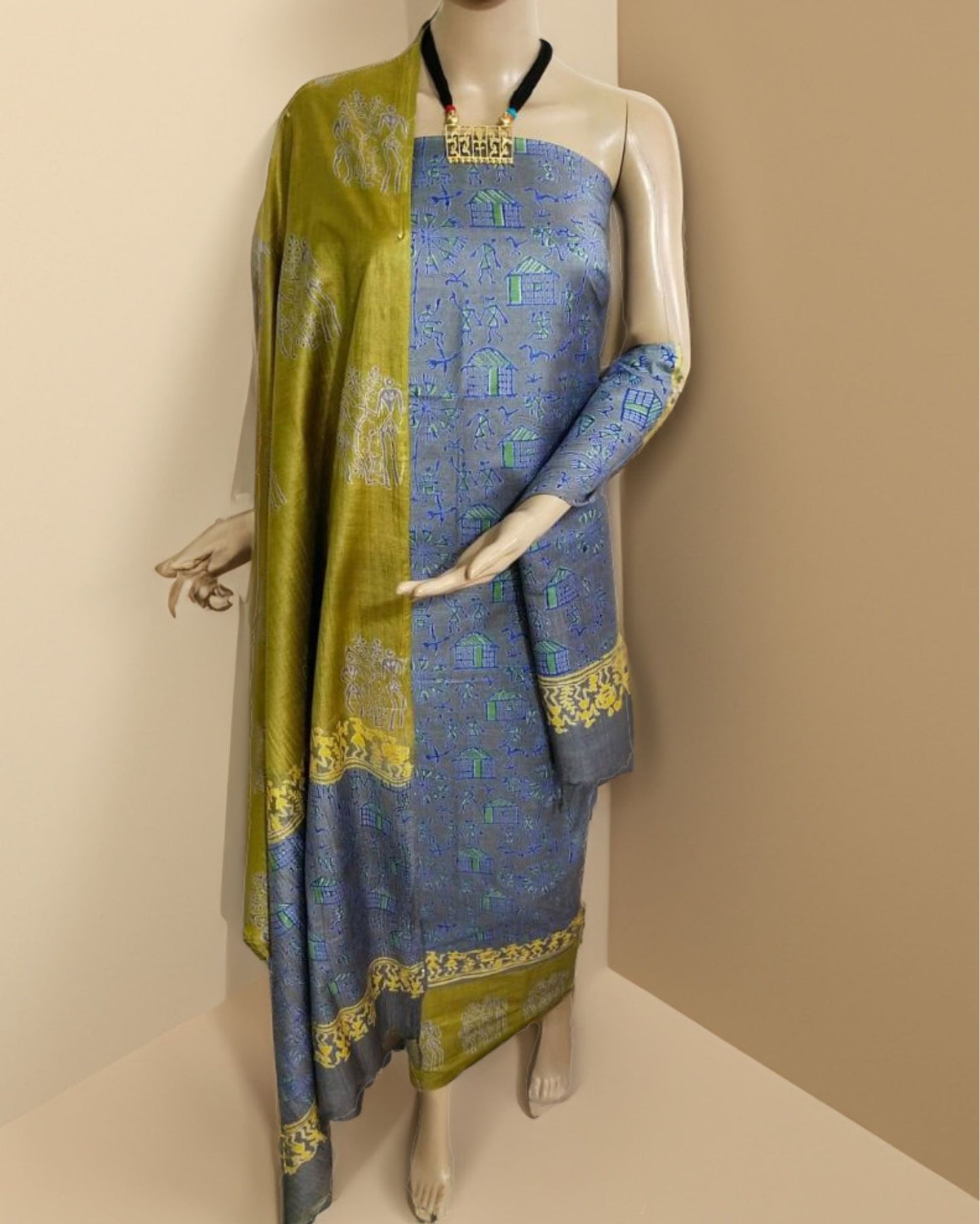 2420-Katan Silk Printed Suit Piece Blue Color with Bottom and Dupatta Handcrafted