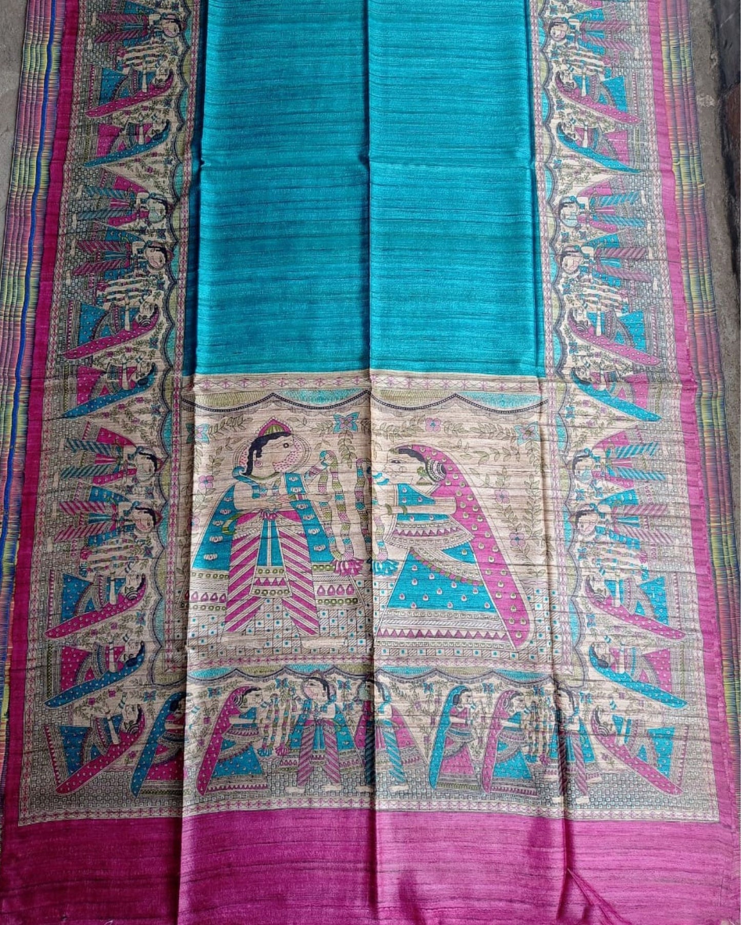 Silkmark Tussar Kinetic Madhubani Blue & Pink Saree