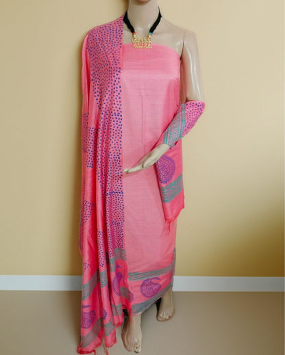 8572-Katan Silk Printed Suit Piece Pink Color with Bottom and Dupatta Handcrafted