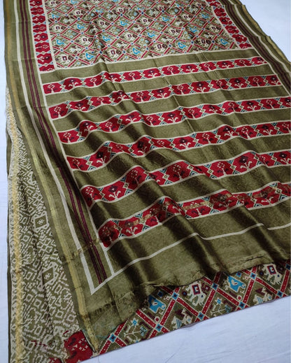 5517-Chanderi Masrise/Mercerised Cotton Silk Patola Print Saree Hemlock Green Colour with Running Blouse