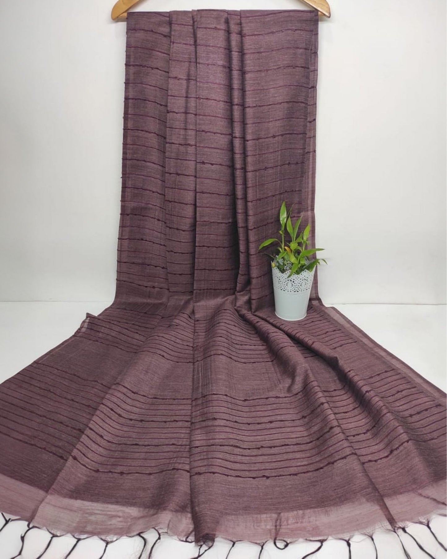 1883-Bansbara Tussar Silk Handloom Wine Color Plain Saree with Running Blouse