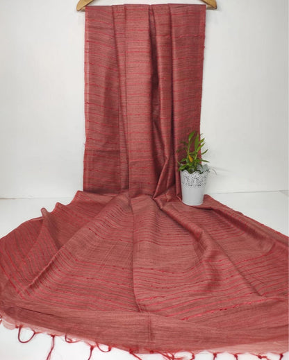 2114-Bansbara Tussar Silk Handloom Red Plain Saree with Running Blouse