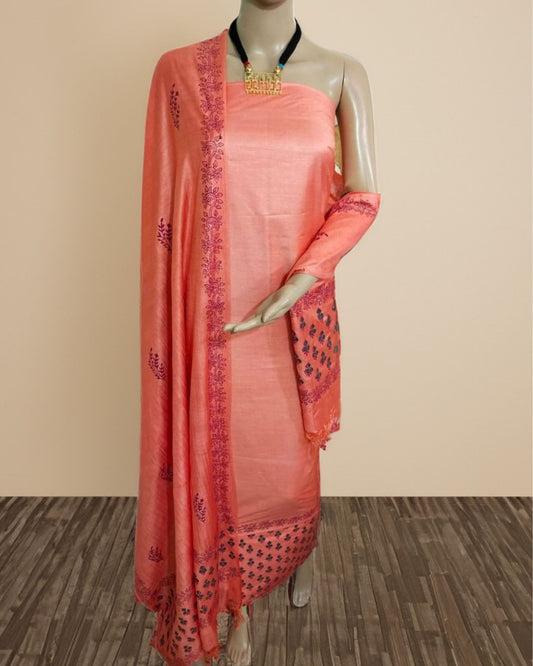 6848-Katan Silk Printed Suit Piece Peach Color with Bottom and Dupatta Handcrafted
