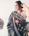 Elegant Slub Linen Batik Print Saree Gray