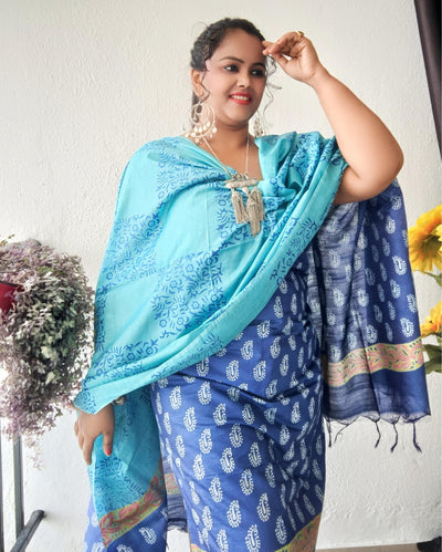 Katan Silk Decorous Blockprint Blue & Green Suit