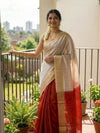 Handloom Kota Silk Beige & Rust Red Saree
