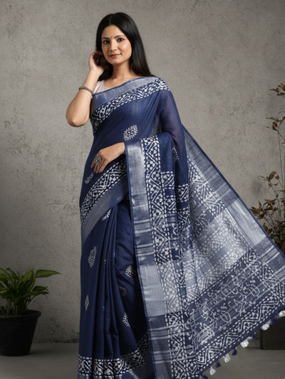 Tranquil Slub Linen Wax Batik Hand Dyed Saree Ink Blue