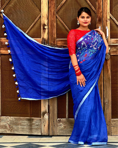 Artistic Pure Linen Handloom Saree Blue Embroidered