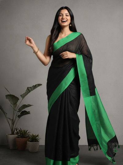 Whimsical Handwoven Pure Linen Black Saree