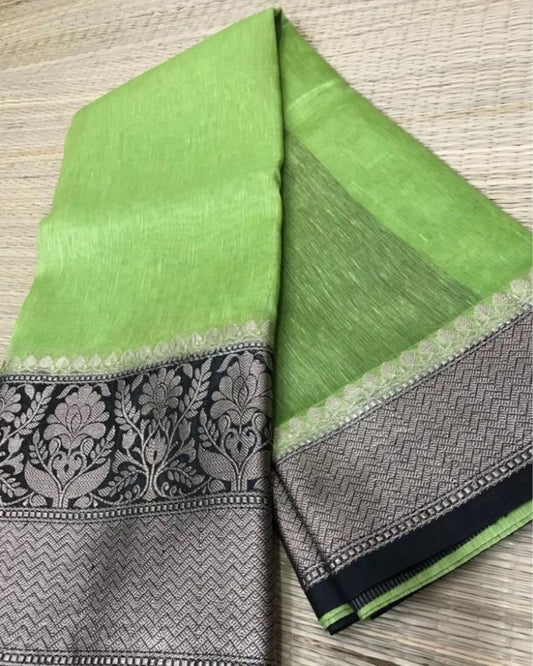 2426-Silk Linen Banrasi Brocade Weaving Handloom Green Saree with Blouse
