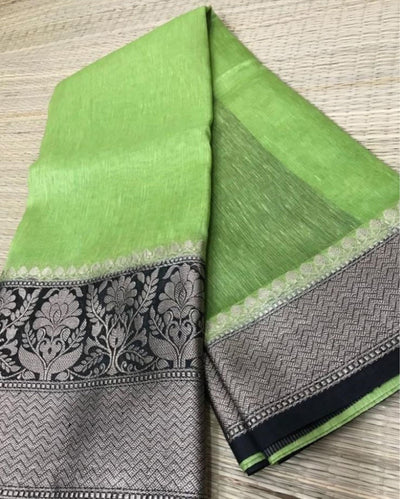 Silk Linen Banarasi Brocade Weaving Handloom Green Saree with Blouse-Indiehaat