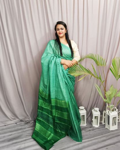 6330-Silkmark Certified Eri Silk with Gichcha Tussar Stripes Hand Dyed Green Saree with Blouse