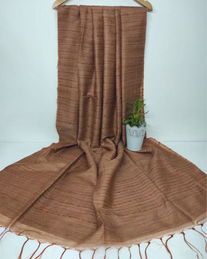 8922-Bansbara Tussar Silk Handloom Brown Plain Saree with Running Blouse