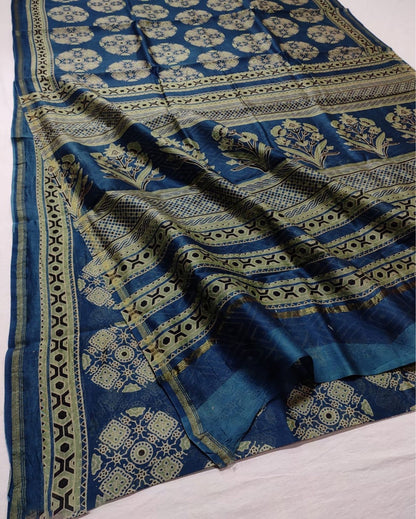 2167-Ajrakh Printed Catalina Blue Color Chanderi Silk Saree with Running Blouse