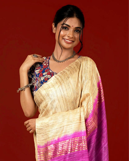 Silkmark Certified Gichcha Tussar Handloom Hand Dyed  Biege Saree with Blouse-Indiehaat